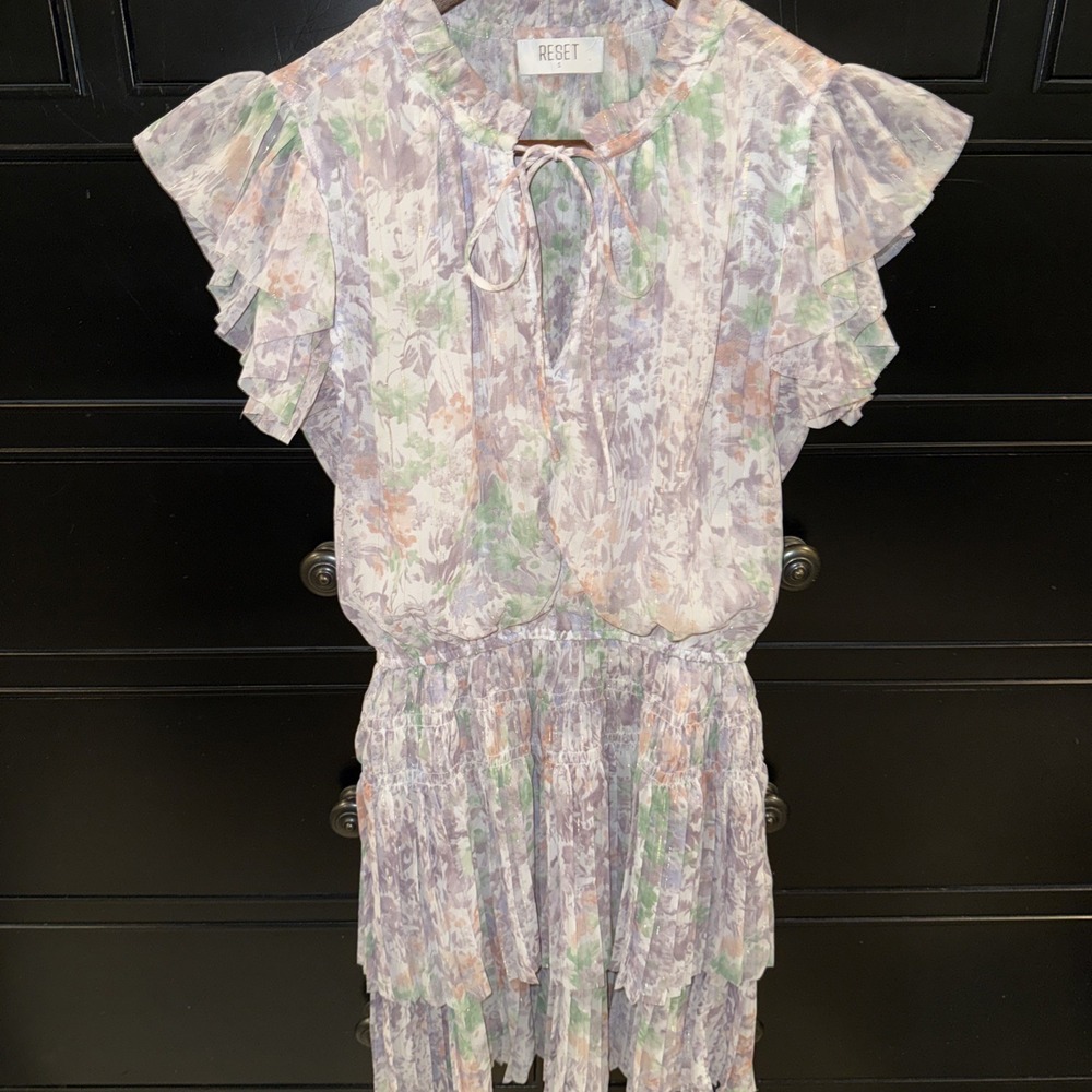 Reset Women's Flutter‎ Sleeve Ruffle Pastel Mini Dress Small Smocked Waist